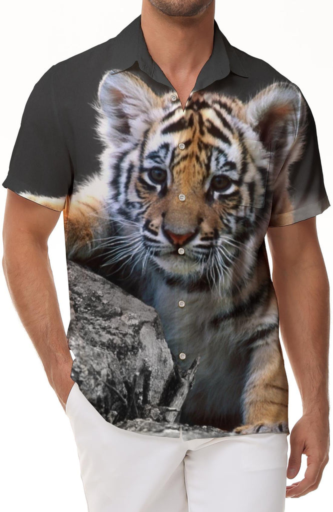 Big Tiger Cub Mens Hawaiian Shirt Short Sleeve Button Down Summer Beach Shirt Casual Shirt