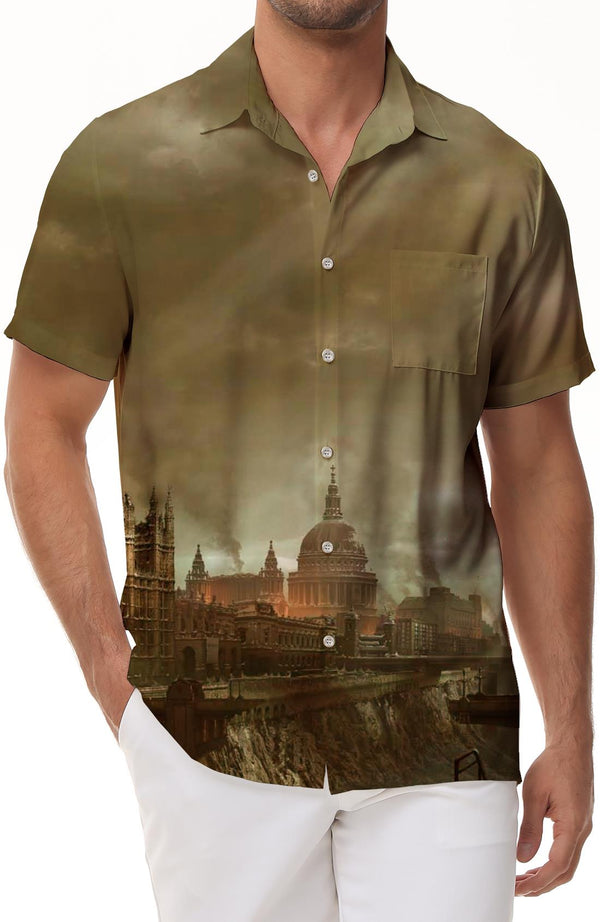 
War City London Landscape Men's Casual Loose Vacation Beach Summer Short Sleeve Shirt Tops
                