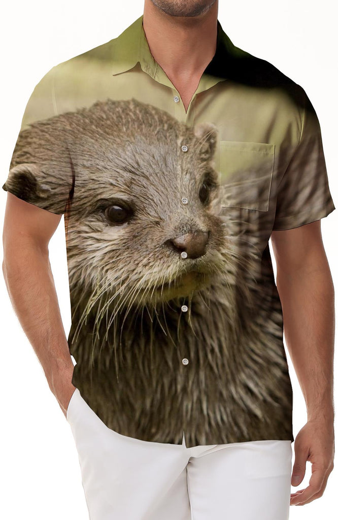 Men's casual daily travel vacation animal Hawaiian tropical button-down lapel pocket short sleeve top