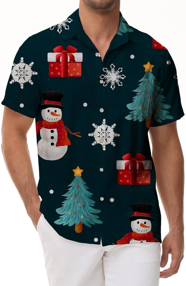 Black Christmas Snowman Men's Shirt Men's Short Sleeve Shirt Button Casual Shirt Holiday Beach Shirt