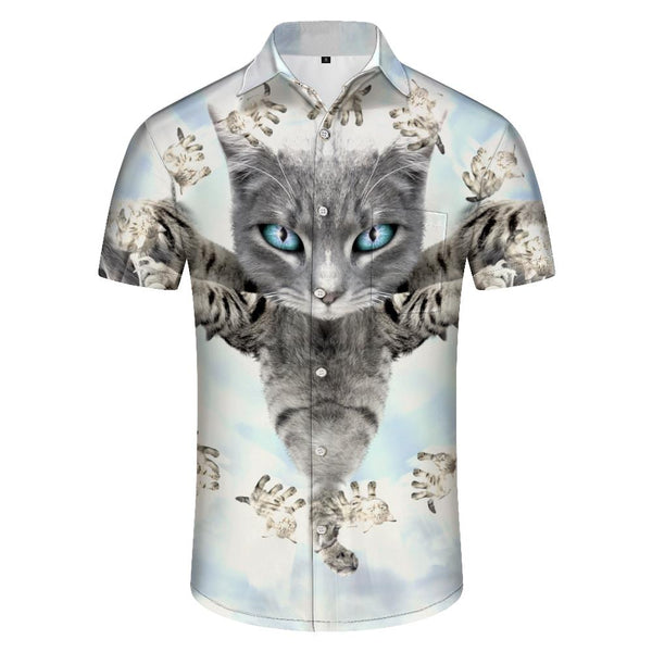
Trendy Hawaiian cute cat pet pattern button down shirt for vacation, casual short sleeve men's loose beach vacation shirt
                