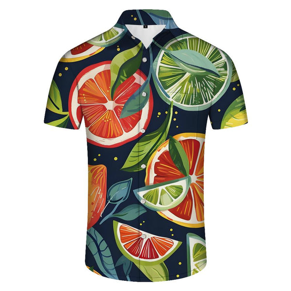 
Fruit lemon men's casual loose printed pattern Hawaiian button-down lapel seaside vacation short-sleeved shirt
                