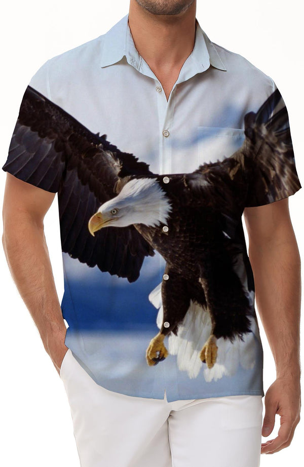 Snow Mountain Bald Eagle Men's Cuban Shirt Short Sleeve Button-Down Beach Shirt Casual Four Seasons Print Pattern