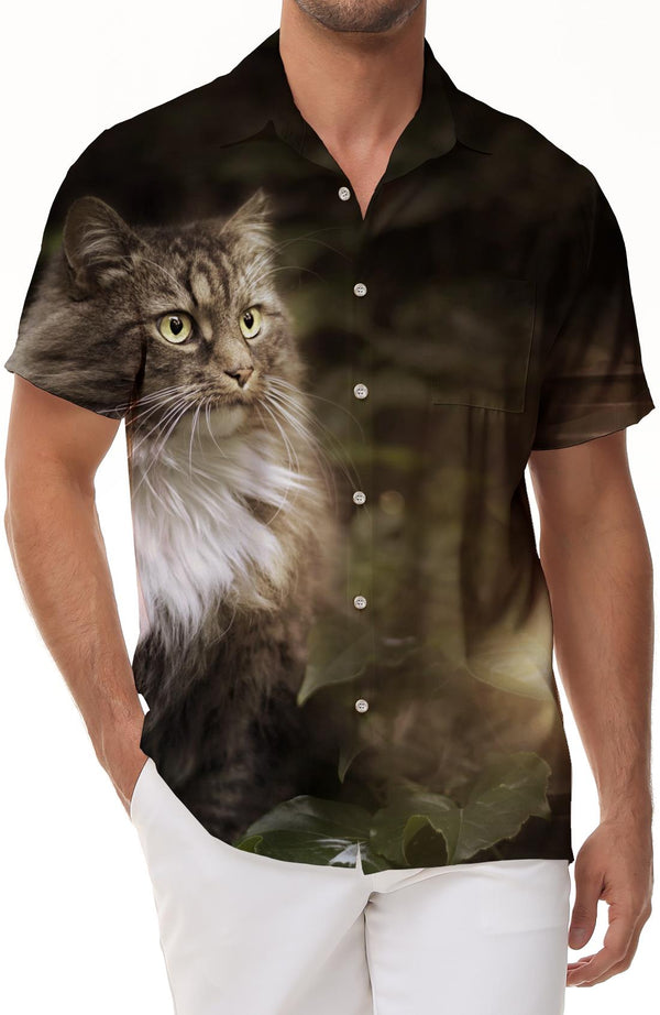 Forest longhair cat animal casual men's loose button-down lapel tropical Hawaiian style short sleeve