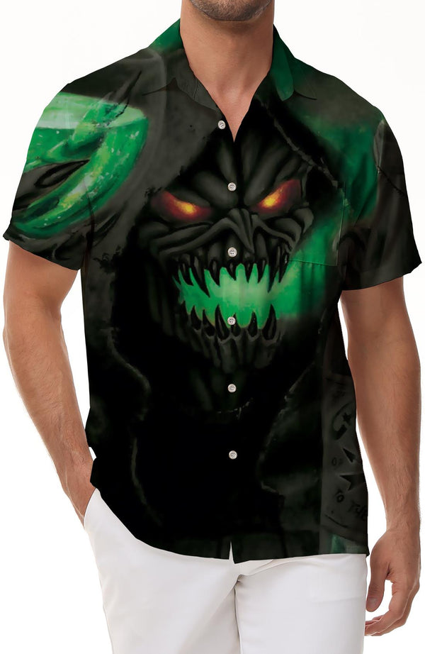 Men's Loose Hawaiian Shirt Gothic Skull Pattern Short Sleeve Shirt Summer Regular Fit Button Casual Shirt Top Beach Style