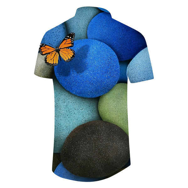 
Lucky Stone and Butterfly Print Men's Casual Short Sleeve Shirt Four Seasons Button Hawaiian Shirt Blue
                