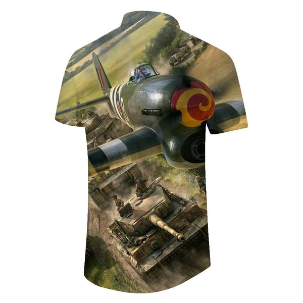 
Four Seasons Century War Men's Short Sleeve Green Airplane Print Shirt New Men's Retro Button Clothes
                