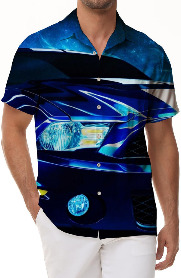 Cool Blue Car Loose Men's Short Sleeve Shirt Hawaiian Tropical Outdoor Breathable Top