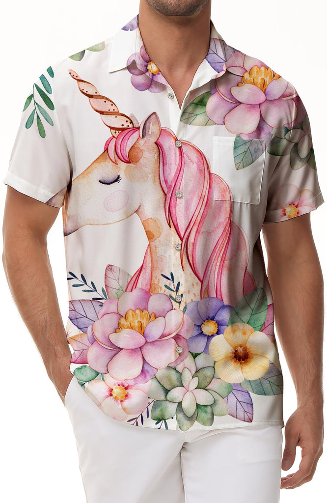 Pink Unicorn Horse Hawaiian Lapel Men's Short Sleeve Pink Floral Beach Shirt Summer Casual Tops Button