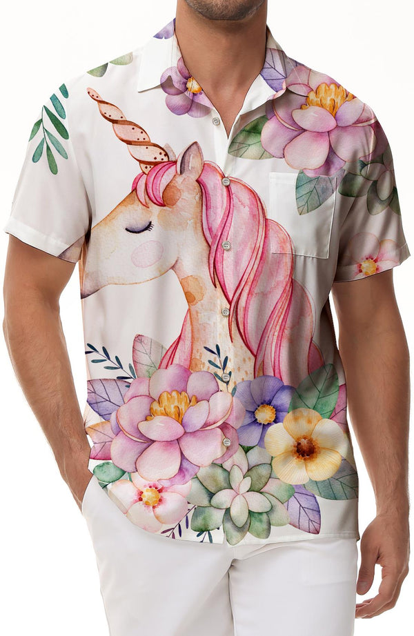 Pink Unicorn Horse Hawaiian Lapel Men's Short Sleeve Pink Floral Beach Shirt Summer Casual Tops Button