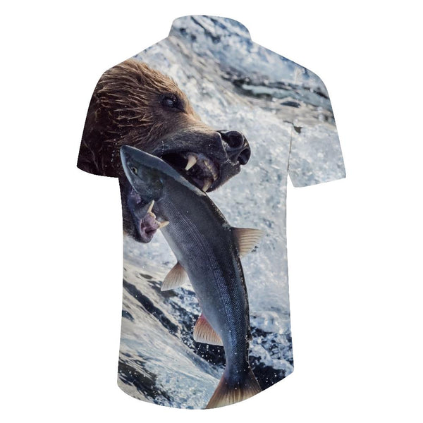 
Retro funny bear fishing seaside art print men's casual polyester shirt Hawaii beach vacation daily
                