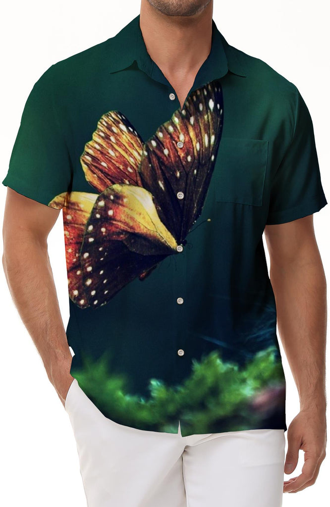 Green floral butterfly summer tropical men's casual button shirt short sleeve trendy shirt print pattern