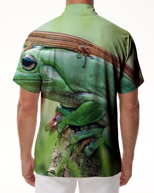 
Stone lizard and frog on tree print men's Hawaiian tropical shirt short sleeve casual button down summer beach shirt with pockets
                