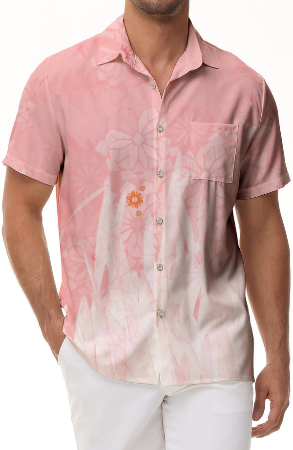 Floral Shirt Men Tropical Casual Short Sleeve Print Beach Shirt Hawaiian Lapel Button Short Sleeve Shirt Fashion Retro Style Pink