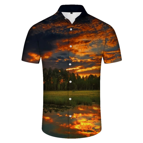 
Landscape sunset print summer beach casual short sleeve button down shirt mens Hawaiian shirt button down lapel
                