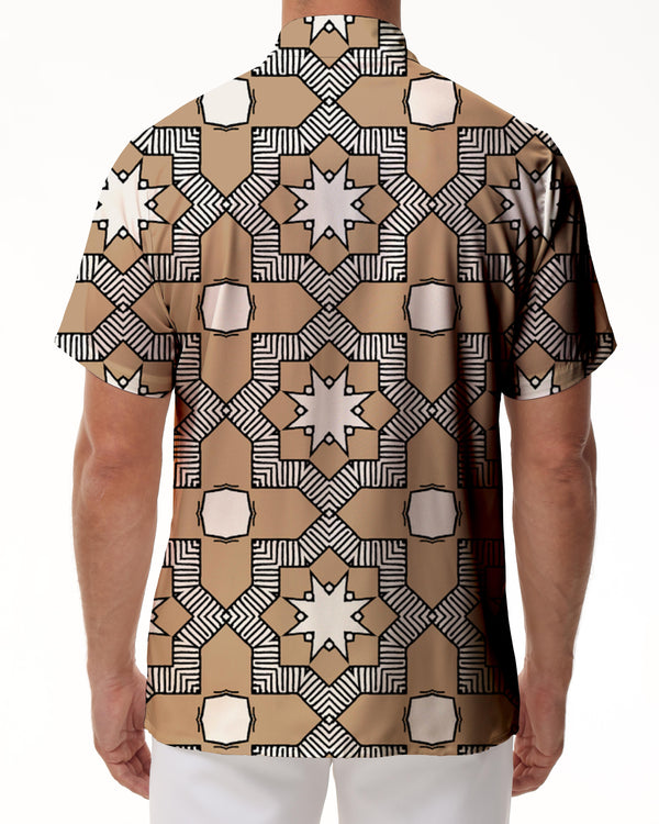 
Geometric pattern light brown fashion four seasons Hawaiian button lapel men's casual daily travel vacation shirt short sleeve
                