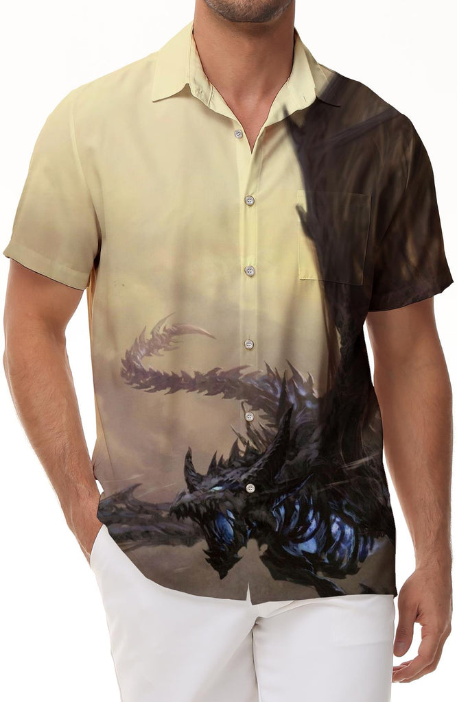 Black Blue Shiny Beach Shirt Men's Hawaiian Shirt Short Sleeve Tropical Button-Down Pocket Short Sleeve Shirt Flying Dragon