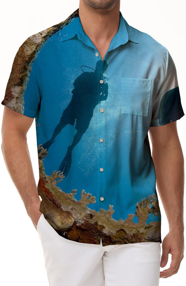 Scuba Mens Casual Button Down Hawaiian Lapel Cuban Shirt Short Sleeve Button Down Casual Beach Top