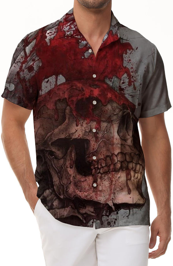 Printed streetwear men's skull graphic fashion summer tropical hawaiian button down lapel pocket short sleeve shirt regular fit