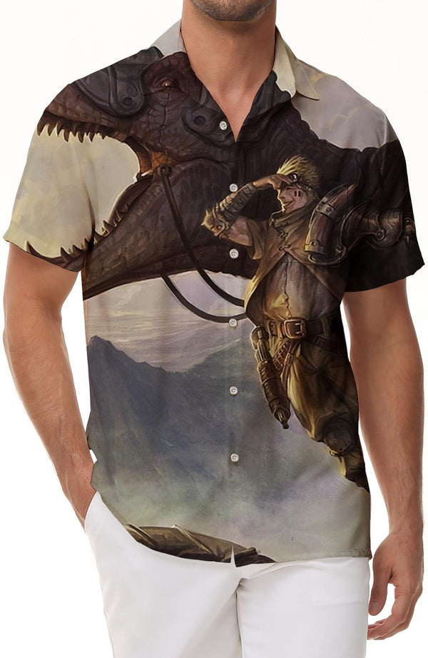 Stone-colored dragon pattern button-down short-sleeved men's casual beach shirt tropical four seasons seaside beach short-sleeved shirt Hawaiian shirt animal