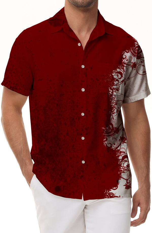 Dark Red Summer Tropical Hawaii Digital Print Men's Casual Button-Down Shirt Short Sleeve Summer Beach Shirt with Pockets