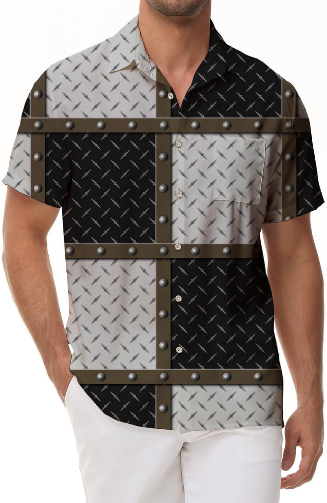 Creative personality rivet decoration patchwork shirt, men's fashionable short-sleeved casual wear, black, white and gray contrasting design top