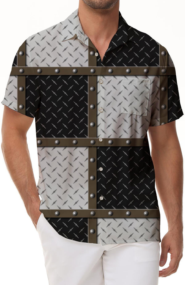 Creative personality rivet decoration patchwork shirt, men's fashionable short-sleeved casual wear, black, white and gray contrasting design top