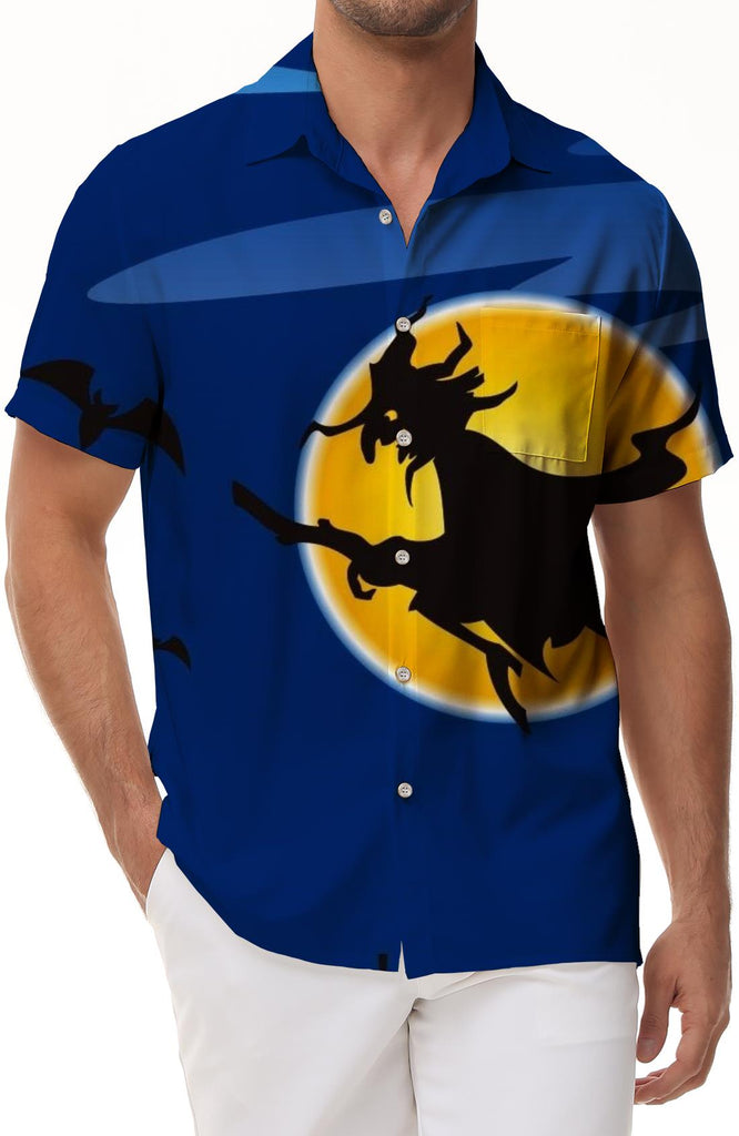 Full Moon Flying Bat Witch Short Sleeve Shirt Casual Men's 3D Printed Hawaiian Shirt Blue