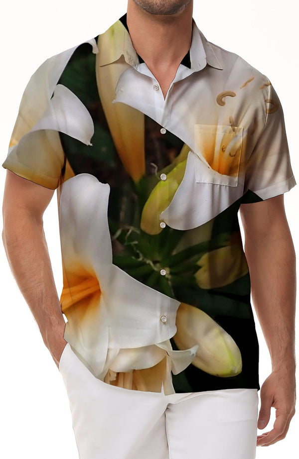 Lily Flower Shirt Men's Floral Print Hawaiian Shirt Short Sleeve Summer Beach Vacation Breathable Top Shirt