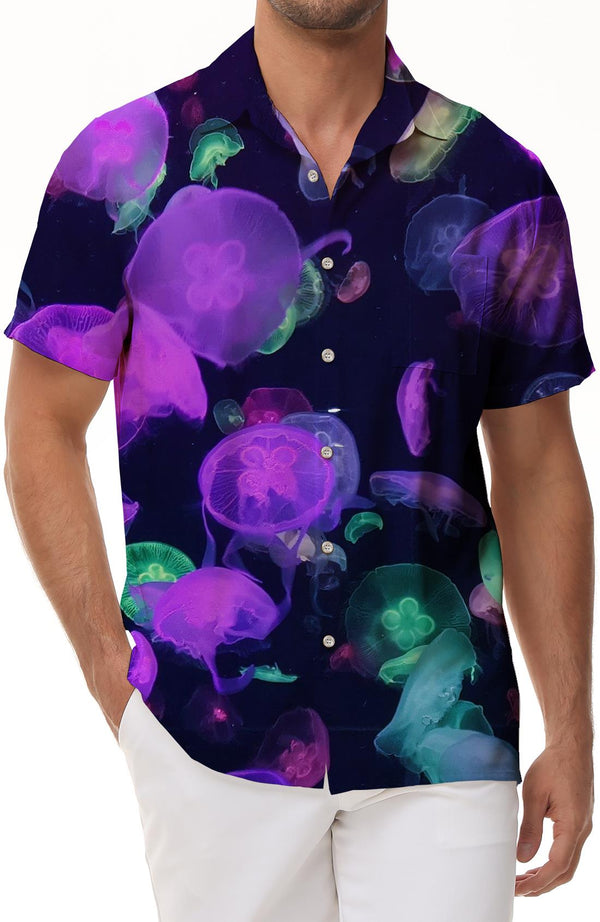 Marine Life Animal Pattern Short Sleeve Shirt Summer Fashion Tops 3D Printing Colorful Luminous Jellyfish Hawaiian Shirt Men's Casual