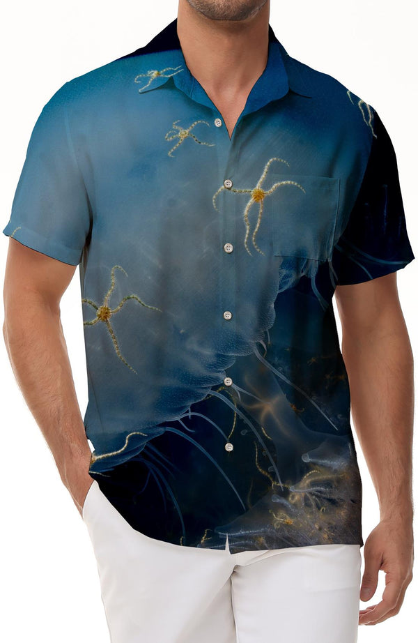 Artistic jellyfish light blue seabed print pattern casual loose men's short sleeve button down Hawaiian shirt summer