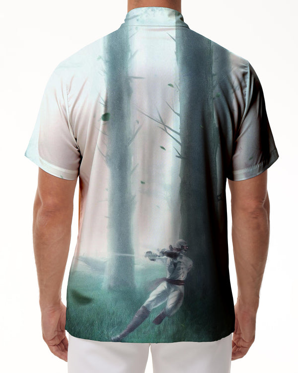 
3D Fencing Character Printed Summer Shirt Loose Short Sleeve Fashion Shirt Lapel Button Beach Shirt White
                