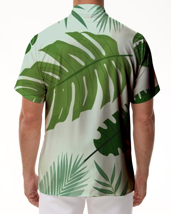 
Green tropical leaves print men's casual short sleeve lapel button-down summer beach button-down shirt tops for vacation at the seaside
                