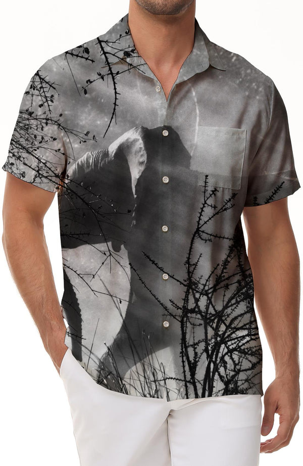 Gray African wild elephant tropical rainforest Hawaiian tropical button lapel pocket men's short-sleeved shirt casual loose short-sleeved shirt daily travel
