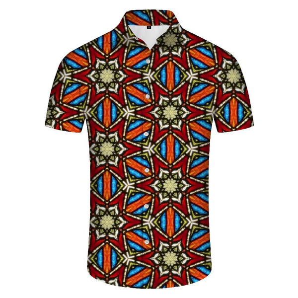 
Ethnic style men's Hawaiian vacation beach seaside pocket lapel button short-sleeved shirt Hawaiian print art style
                