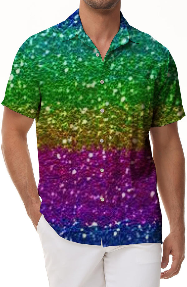 Men's Classic Short Sleeve Printed Regular Fit Button Down Shirt with Rainbow Glitter Background