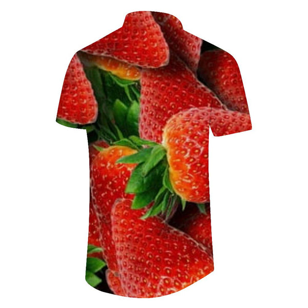 
Strawberry print pattern Hawaiian button-down lapel pockets fun and stylish cool daily travel seaside short-sleeved shirt
                