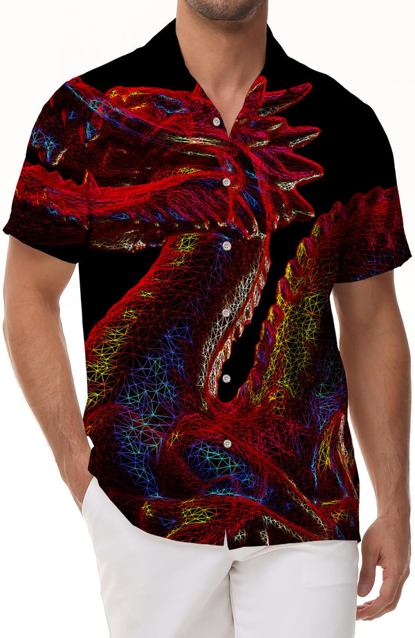 Domineering red dragon body buttons Hawaiian button pocket lapel personalized men's casual short-sleeved shirt beach essential