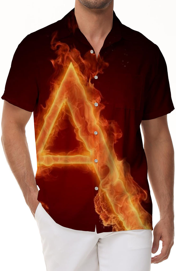 Flame English letter A digital printing casual classic retro cool button lapel pocket Hawaiian shirt beach shirt short sleeves