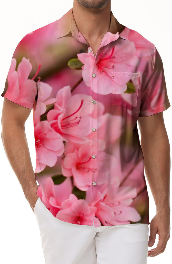 Pink Cherry Floral Print Men's Street Loose Button-Down Casual Button-Down Summer Beach Tropical Vacation Shirt Short Sleeve