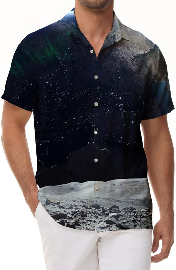 Moon Ground Print Pattern Galaxy Sky Night Hawaiian Button Lapel Pocket Short Sleeve Shirt Men's Shirt Casual