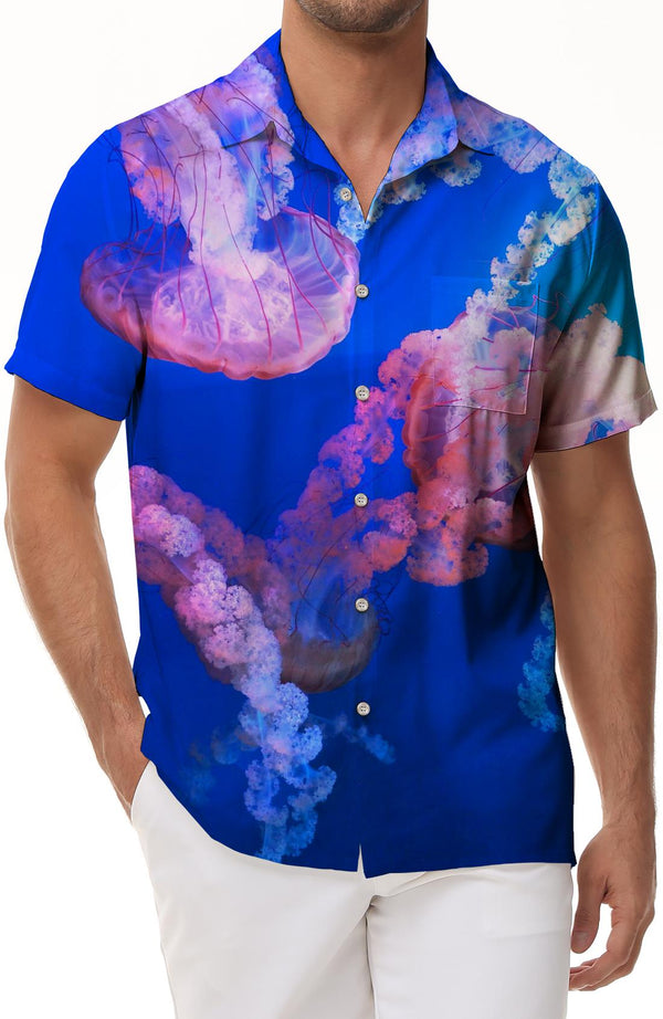 Blue Undersea Colorful Jellyfish Men's Summer Tropical Button Shirt Hawaiian Party Short Sleeve Vacation Beach Shirt Print Pattern