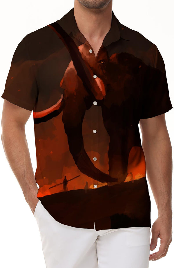 Elephant Sunset Printed Breathable Beach Shirt and Fashion Casual Shirt Men's Casual Short Sleeve Shirt Summer Clothing