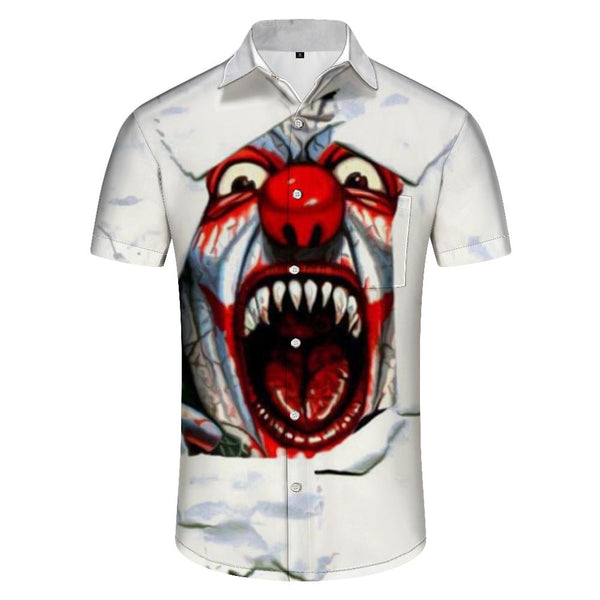 
White hip hop rock new fashion crazy clown digital print men's Hawaiian button loose shirt short sleeves
                