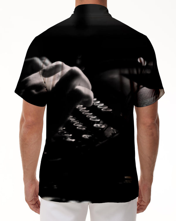 
European and American typewriter summer casual seaside shirt men's loose casual retro lining sleeve button Hawaiian shirt short-sleeved top
                