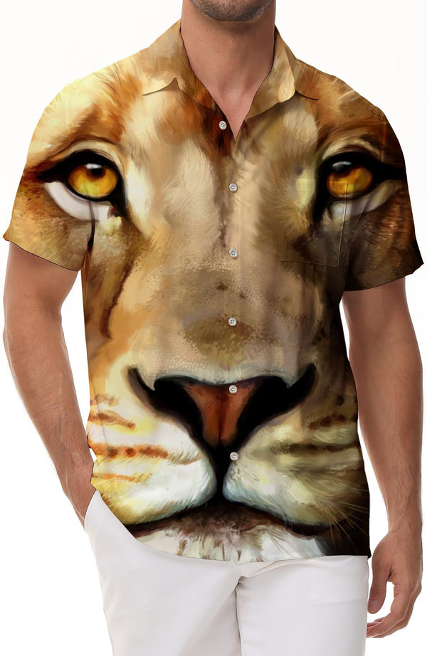 Regular Button Lion Print Men's Short Sleeve Shirt Summer Shirt 3D Animal Lion Print Shirt Tops Fashion Casual Retro Holiday Beach Shirt