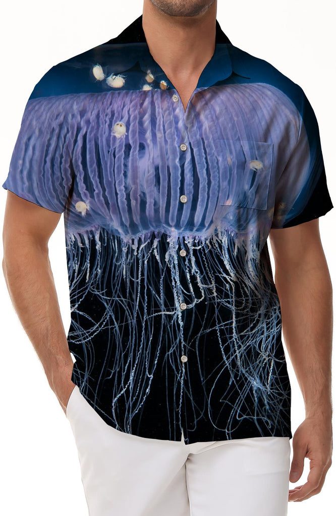 Black deep sea purple transparent jellyfish ocean print men's casual loose collar short sleeve shirt short sleeve