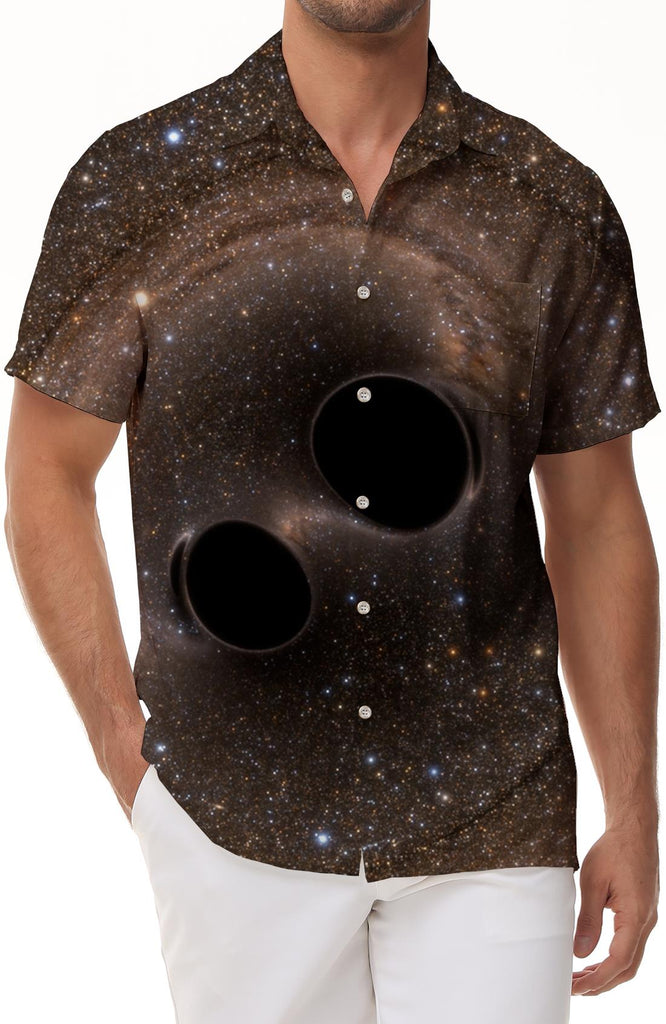 Lapel Bag Men 3D Casual Bag Starry Sky Short Sleeve Black Hole Street Beach Seaside Button Tie