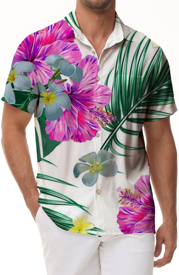 Hibiscus flower palm leaf men's casual fashionable simple style short sleeve shirt button-down summer tropical vacation seaside Hawaiian shirt