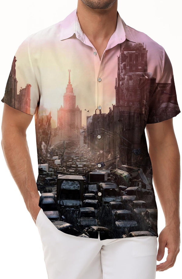 Earthquake destroyed city fashion retro style short sleeve shirt men's daily street walking Hawaiian short sleeve shirt casual tops